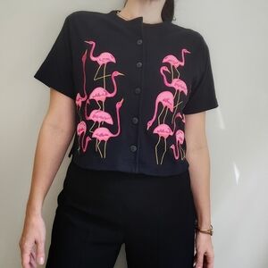 Vintage 90s Black Flamingo Embroidered Short Sleeve Cotton Cardigan